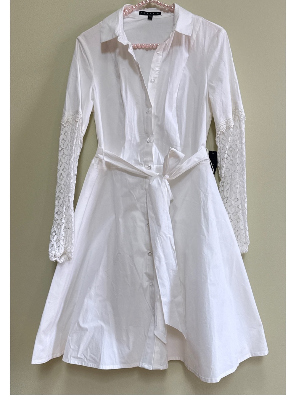 White Button-Front Shirt Dress with Lace Sleeves